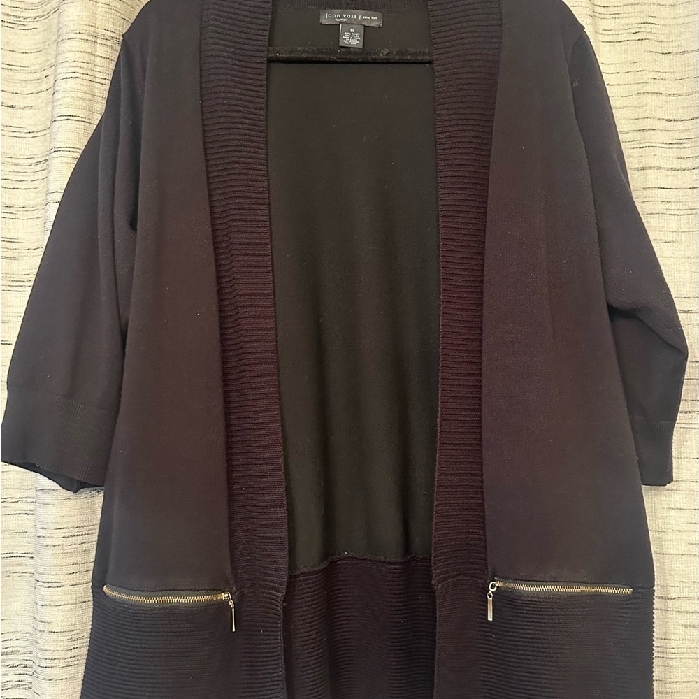 Joan Vass Black Cardigan with Shawl Collar and Three-Quarter Sleeves